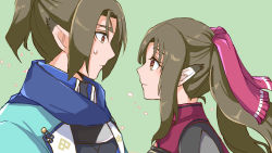 Rule 34 | aged down, aged up, ainu clothes, animal ears, aquaplus, blue scarf, brother and sister, brown hair, closed mouth, eyelashes, family, from side, hair between eyes, hair ribbon, height difference, high ponytail, long hair, long twintails, looking at another, mole, mole under eye, monochrome mobius, nekone (utawarerumono), nervous, nose, parted bangs, pointy ears, ponytail, raised eyebrows, red eyes, ribbon, scarf, siblings, sidelocks, smile, sweat, sweatdrop, twchewp, twintails, ukon (utawarerumono), upper body, utawarerumono, utawarerumono: itsuwari no kamen, utawarerumono: lost flag, very long hair