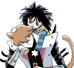 Rule 34 | 2boys, :3, animal ears, animal hands, arm strap, biting, black hair, black shirt, blue eyes, blue shirt, blush stickers, bright pupils, brothers, brown hair, carrying, cat boy, cat day, cat ears, cat paws, cat tail, coat, dooboo ygo, ear biting, elbow rest, expressionless, happy, head on hand, highres, jewelry, kaiba mokuba, kaiba seto, kemonomimi mode, leaning forward, long hair, long sleeves, looking at another, looking down, looking up, male focus, multiple boys, necklace, piggyback, purple eyes, shirt, short hair, siblings, simple background, sleeveless, sleeveless coat, smile, spiked hair, tail, trading card, turtleneck shirt, two-sided fabric, upper body, vambraces, vest, white background, white coat, yellow vest, yu-gi-oh!, yu-gi-oh! duel monsters