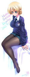 Rule 34 | 1girl, black pantyhose, blonde hair, blue eyes, blue skirt, blue sweater, blush, braid, breasts, collared shirt, darjeeling (girls und panzer), dated, emblem, french braid, girls und panzer, hair between eyes, happy birthday, highres, impossible clothes, impossible sweater, kamogawa tanuki, large breasts, long sleeves, looking at viewer, necktie, pantyhose, school uniform, shiny clothes, shirt, signature, skirt, smile, solo, st. gloriana&#039;s (emblem), st. gloriana&#039;s school uniform, sweater, twitter username, white background