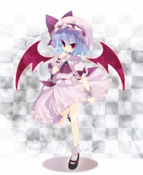 Rule 34 | 1girl, bad id, bad pixiv id, bat wings, blue hair, bobby socks, checkered background, choker, female focus, full body, gradient hair, hat, highres, light purple hair, mary janes, multicolored hair, red eyes, remilia scarlet, shoes, short hair, smile, socks, solo, standing, standing on one leg, tahya, touhou, tsurime, wings, wrist cuffs