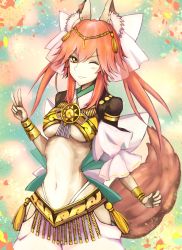 Rule 34 | 10s, 1girl, absurdres, amaterasu (fate), animal ears, blush, breasts, fate/extra, fate/extra ccc, fate/grand order, fate (series), fox ears, fox tail, hair ribbon, highres, kaze minoru so-ru, long hair, looking at viewer, navel, official alternate costume, one eye closed, open mouth, pink hair, ribbon, solo, tail, tamamo (fate), tamamo no mae (fate/extra), twintails, underboob, v, yellow eyes