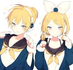 Rule 34 | 1boy, 1girl, :d, alternate hairstyle, birthday, blonde hair, blue eyes, blue sweater, bow, brother and sister, camisole, closed mouth, earmuffs, fingernails, flat chest, floral background, fur trim, hair bow, kagamine len, kagamine rin, light particles, long sleeves, looking at viewer, low twintails, lpip, matching outfits, neckerchief, open mouth, paw pose, pointing, pointing at self, ponytail, ribbon, sailor collar, siblings, smile, spaghetti strap, sweater, twins, twintails, upper body, vocaloid, white background, white bow, white ribbon