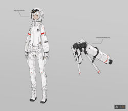 Rule 34 | 1girl, astronaut, boots, brown eyes, chart, closed mouth, commentary, english text, full body, gloves, grey background, helmet, jetpack, looking at viewer, neco, original, sidelocks, simple background, solo, space helmet, spacesuit, standing, white gloves, white hair