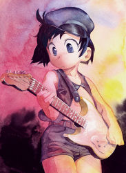 Rule 34 | black hair, blue eyes, child, guitar, hat, instrument, satou toshiyuki, short hair, shorts, solo