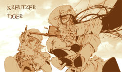 Rule 34 | 2girls, belt, black hair, braid, cloud, endou okito, firing, floating hair, frills, frown, gloves, goggles, goggles around neck, gradient background, gun, handgun, hat, holding, holding gun, holding weapon, long hair, long sleeves, looking at viewer, mauser c96, monochrome, multiple girls, original, outdoors, pistol, shell casing, sky, text focus, twin braids, twintails, upper body, very long hair, weapon, wind