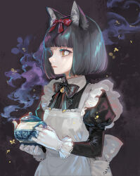 Rule 34 | 1girl, animal ear fluff, animal ears, apron, bell, black bow, black bowtie, black dress, black hair, bob cut, bow, bowtie, cat ears, commentary request, dark background, dress, expressionless, gloves, hair ribbon, highres, holding, holding teapot, jingle bell, juliet sleeves, kabi (kb), long sleeves, looking to the side, maid, maid apron, neck bell, original, parted lips, puffy sleeves, red ribbon, ribbon, short hair, steam, teapot, upper body, white apron, white gloves, yellow eyes