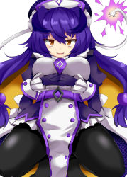 Rule 34 | arms under breasts, belt, black legwear, blush, bombergirl, breasts, brown eyes, dress, frilled cuffs, frilled dress, frills, from below, fuse tail, gaoohohaha, gloves, hair between eyes, hat, highres, interlocked fingers, kneeling, large breasts, lit fuse, long sleeves, looking at viewer, pantyhose, pelvic curtain, prune (bombergirl), purple dress, purple gloves, purple hair, simple background, smile, twintails, yellow background