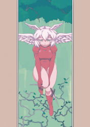 Rule 34 | 1girl, angel wings, back cover, cover, dagger, final fantasy, final fantasy tactics, green eyes, head wings, knife, leotard, red leotard, reverse grip, short hair, silver hair, solo, thighs, tsukudani (coke-buta), ultima (fft), weapon, wings