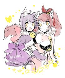 Rule 34 | 2girls, ahoge, animal ears, bad id, bad pixiv id, bell, bow, cat ears, character name, fang, highres, kaenuco, long hair, multiple girls, open mouth, original, ponytail, purple hair, red hair, ribbon, short hair, smile, tiger ears, yellow eyes