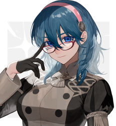 Rule 34 | 1girl, blue eyes, blue hair, breasts, byleth (female) (fire emblem), byleth (fire emblem), closed mouth, fire emblem, fire emblem: three houses, garreg mach monastery uniform, glasses, gloves, hairband, highres, itou (very ito), large breasts, long sleeves, looking at viewer, medium hair, nintendo, official alternate costume, simple background, smile, solo, uniform, upper body