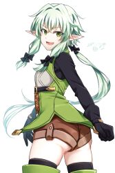 Rule 34 | 1girl, black bow, black gloves, bow, brown shorts, commentary request, cowboy shot, crossed bangs, dated, elf, gloves, goblin slayer!, green eyes, green hair, hair between eyes, hair bow, high elf archer (goblin slayer!), highres, kankitukou, long hair, looking at viewer, open mouth, partial commentary, pointy ears, ponytail, shorts, sidelocks, simple background, smile, solo, tunic, white background