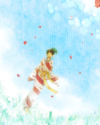 Rule 34 | 1girl, barefoot, day, earrings, closed eyes, grass, highres, inuyasha, japanese clothes, jewelry, kagura (inuyasha), kimono, nature, petals, pointy ears, sash, sky, vient, walking, wind