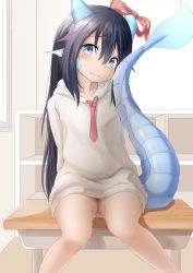 Rule 34 | 1girl, black hair, blue eyes, blush, brown hoodie, closed mouth, collarbone, commentary request, desk, dragon girl, dragon horns, dragon tail, fang, fang out, fins, hair between eyes, head tilt, highres, hood, hood down, hoodie, horn ornament, horn ribbon, horns, indoors, kagarimachi konatsu, leaf-chan, long hair, looking at viewer, on desk, original, red ribbon, ribbon, scales, school desk, sitting, on desk, solo, tail, tail raised, thighs, very long hair