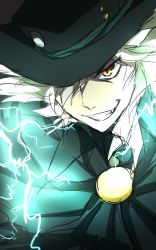Rule 34 | 1boy, clenched teeth, cloak, edmond dantes (fate), fate/grand order, fate (series), grey hair, grin, hat, highres, open mouth, short hair, smile, teeth, yellow eyes