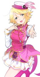 Rule 34 | 1girl, blonde hair, blush, boots, breasts, cowboy shot, dot nose, green eyes, hands up, hat, hat feather, idolmaster, idolmaster cinderella girls, idolmaster cinderella girls starlight stage, jacket, large breasts, leg up, long sleeves, looking at viewer, open hand, open mouth, pink footwear, pink jacket, reaching, reaching towards viewer, shiman, short hair, simple background, skirt, smile, solo, sparkle, standing, standing on one leg, umeki otoha, white background, white hat, white skirt