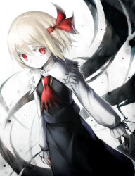Rule 34 | 1girl, ascot, black skirt, black vest, blonde hair, closed mouth, collared shirt, darkness, frilled shirt collar, frills, hair between eyes, hair ribbon, highres, long sleeves, red ascot, red eyes, red ribbon, ribbon, rumia, shirt, short hair, skirt, solo, spark621, touhou, umbrakinesis, vest, white shirt