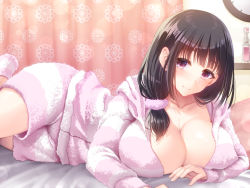 Rule 34 | 1girl, black hair, blush, breasts, cleavage, closed mouth, collarbone, front ponytail, hair ornament, hair scrunchie, jacket, large breasts, long hair, long sleeves, looking at viewer, on bed, original, pink eyes, scrunchie, shorts, smile, solo, youshuu