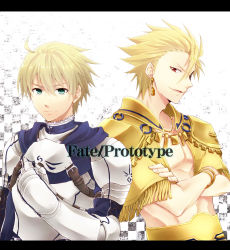 Rule 34 | 2boys, ahoge, armor, arthur pendragon (fate), blonde hair, copyright name, earrings, fate/prototype, fate (series), green eyes, highres, jewelry, kanade (reveryearth), letterboxed, male focus, multiple boys, red eyes