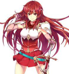 Rule 34 | 1girl, alternate costume, alternate hair length, alternate hairstyle, armor, armpits, belt, breastplate, cowboy shot, elbow gloves, fire emblem, fire emblem: mystery of the emblem, fire emblem: shadow dragon, fire emblem heroes, floating hair, gloves, hand in own hair, hand on hilt, headband, highres, long hair, looking at viewer, minerva (fire emblem), miniskirt, nintendo, pegasus knight uniform (fire emblem), pink gloves, pleated skirt, red eyes, red hair, red skirt, shirt, shoulder armor, simple background, skirt, sleeveless, smile, solo, sword, thighs, uro (oolong), vambraces, weapon, white background