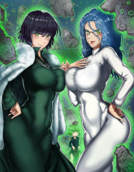 Rule 34 | 3girls, \n/, black dress, black hair, blue hair, blush, bodysuit, breast envy, breast press, breast suppress, breasts, closed mouth, coat, covered navel, curly hair, dress, flipped hair, floating, fubuki (one-punch man), fur coat, glasses, glowing, glowing eyes, green dress, green eyes, green hair, hair between eyes, hand on own hip, highres, impossible clothes, jacket, jacket on shoulders, jewelry, large breasts, levitation, long hair, long sleeves, looking at viewer, multiple girls, necklace, one-punch man, parted lips, pince-nez, pinky out, psychic, psychos (one-punch man), psykos, rimless eyewear, rock, short hair, siblings, side slit, sisters, small breasts, smile, symmetrical docking, tatsumaki, taut clothes, taut dress, telekinesis, the golden smurf, wavy hair