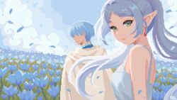 Rule 34 | 1boy, 1girl, acyyy iel, artist name, bare shoulders, blue flower, blue hair, blue petals, blue shirt, blue sky, breasts, cloak, closed mouth, cloud, cloudy sky, commentary, dress, english commentary, expressionless, eyelashes, faceless, faceless male, falling petals, field, floating hair, flower, flower field, frieren, from behind, from side, green eyes, highres, hikimayu, himmel (sousou no frieren), long hair, looking at viewer, looking back, looking to the side, parted bangs, petals, pink lips, pixel art, pointy ears, shirt, short eyebrows, sky, sleeveless, sleeveless dress, small breasts, sousou no frieren, standing, sundress, teardrop earrings, thick eyebrows, twintails, upper body, white cloak, white dress, white hair, wind
