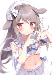 Rule 34 | 1girl, animal ears, beret, bikini, blush, breasts, brown hair, commentary request, frilled sailor collar, frilled skirt, frills, hair between eyes, hands up, hat, heart, heart hands, long hair, looking at viewer, medium breasts, navel, pan (mimi), parted lips, pleated skirt, rabbit ears, red eyes, sailor collar, simple background, skirt, solo, swimsuit, very long hair, white background, white bikini, white hat, white sailor collar, white skirt