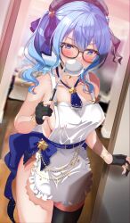 Rule 34 | 1girl, absurdres, apron, ascot, bare shoulders, beret, black choker, black gloves, blue ascot, blue eyes, blue hair, blue ribbon, blush, breasts, choker, commentary, covered erect nipples, earrings, english commentary, glasses, gloves, grey hat, hair between eyes, hair ribbon, hat, highres, hololive, hoshimachi suisei, inui nakiru, jewelry, looking at viewer, medium breasts, medium hair, naked apron, partially fingerless gloves, plaid, plaid headwear, ribbon, side ponytail, sideboob, solo, star (symbol), star choker, star earrings, star in eye, symbol in eye, thighs, virtual youtuber, white apron