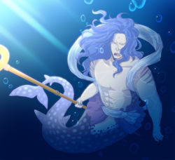 Rule 34 | 1boy, blue hair, fishman island, fukaboshi, male focus, merman, monster boy, one piece, polearm, prince, solo, trident, underwater