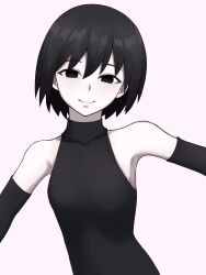 Rule 34 | 1girl, armpits, balli, bare shoulders, black eyes, black hair, bob cut, breasts, closed mouth, collarbone, commentary, elbow gloves, empty eyes, gloves, hair between eyes, highres, looking at viewer, monogatari (series), oshino ougi, outstretched arms, pale skin, pink background, shirt, short hair, simple background, sleeveless, sleeveless shirt, small breasts, smile, solo, turtleneck, upper body