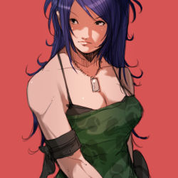Rule 34 | 1girl, black eyes, blue hair, dog tags, falcoon, leona heidern, long hair, snk, solo, the king of fighters