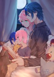 Rule 34 | 10s, 2boys, 2girls, bare shoulders, bed sheet, black hair, blue eyes, blue horns, blue shirt, book, breasts, cleavage, collarbone, collared shirt, couple, curtains, darling in the franxx, dog, fringe trim, green eyes, hetero, highres, hiro (darling in the franxx), holding, holding book, holding toy, horns, ibroninja, jewelry, long hair, moon, multiple boys, multiple girls, necklace, night, night sky, oni horns, open book, open clothes, open shirt, pendant, pillow, pink hair, purple shirt, red horns, shirt, short hair, signature, sky, sleeveless, sleeveless shirt, toy, white shirt, wing collar, zero two (darling in the franxx)