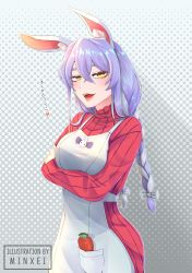 Rule 34 | 1girl, animal ear fluff, animal ears, apron, artist name, blue hair, braid, carrot, commentary, crossed arms, crossed bangs, dress, english commentary, hair between eyes, half-closed eyes, highres, hololive, looking at viewer, mature female, minxei, multicolored hair, open mouth, pekomama, rabbit ears, rabbit girl, red sweater, ribbed sweater, solo, sweater, sweater dress, translation request, twin braids, virtual youtuber, watermark, white hair, yellow eyes