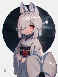 Rule 34 | 1girl, :o, absurdres, animal ear fluff, animal ears, blush, commentary request, fox ears, fox girl, fox tail, full moon, grey hair, hair over one eye, highres, japanese clothes, kimono, kuro kosyou, long sleeves, looking at viewer, moon, obi, open clothes, original, own hands together, parted lips, red eyes, sash, short eyebrows, solo, tail, thick eyebrows, white kimono, wide sleeves