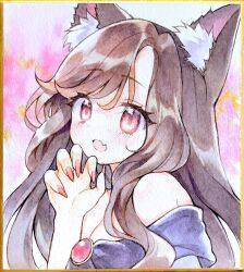 Rule 34 | 1girl, animal ear fluff, animal ears, blush, breasts, brown hair, cleavage, fang, fingernails, highres, imaizumi kagerou, long fingernails, long hair, looking at viewer, medium breasts, mugicha (mugicha0929), red eyes, skin fang, solo, tail, touhou, traditional media, upper body, wolf ears, wolf girl, wolf tail