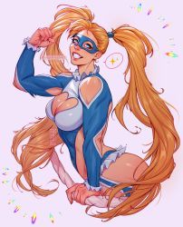 Rule 34 | 1girl, absurdres, bare shoulders, blonde hair, blue eyes, breasts, capcom, cleavage, cleavage cutout, clothing cutout, heart cutout, highres, large breasts, long hair, long sleeves, mask, rainbow mika, street fighter, teeth, twintails, valentina tavolilla, very long hair, wrestling outfit