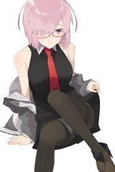 Rule 34 | 1girl, bare shoulders, black-framed eyewear, black dress, black pantyhose, blush, breasts, closed mouth, collared dress, dress, eyes visible through hair, fate/grand order, fate (series), glasses, hair over one eye, half-closed eyes, hayashi kewi, hood, hoodie, jacket, jitome, knees up, looking down, mash kyrielight, medium breasts, necktie, open clothes, open hoodie, panties, panties under pantyhose, pantyhose, print necktie, purple eyes, purple hair, red necktie, short dress, short hair, simple background, sitting, sleeveless, solo, thighband pantyhose, tsurime, underwear, white background, white panties