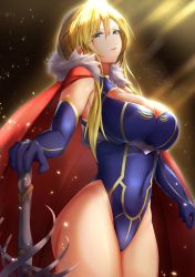 Rule 34 | 1girl, absurdres, ahoge, armor, artoria pendragon (fate), artoria pendragon (lancer) (fate), blue dress, blue eyes, blue gloves, blue leotard, braid, breasts, cape, cleavage, cleavage cutout, clothing cutout, commentary request, crown, dress, fate/grand order, fate (series), french braid, fur-trimmed cape, fur collar, fur trim, gauntlets, gloves, hair between eyes, hand on hilt, heattech leotard, highres, holding, holding weapon, lance, large breasts, leotard, looking at viewer, parted lips, polearm, red cape, rhongomyniad (fate), sidelocks, solo, tiri man, turtleneck, upper body, weapon