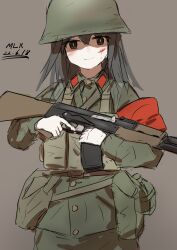 Rule 34 | 1girl, absurdres, armband, assault rifle, black hair, blood, blood on face, buttons, collared shirt, dated, gun, helmet, highres, injury, kalashnikov rifle, long hair, miliki, military uniform, original, people&#039;s liberation army, red armband, rifle, shaded face, shirt, signature, simple background, trigger discipline, type 56 assault rifle, uniform, weapon
