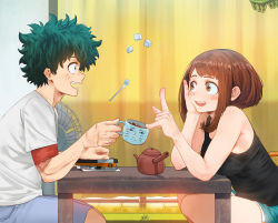 Rule 34 | 10s, 1boy, 1girl, :d, arm support, bare arms, bare shoulders, black camisole, blush stickers, boku no hero academia, book, brown eyes, brown hair, camisole, cup, curtains, floating, freckles, from side, green eyes, green hair, hand on own cheek, hand on own face, hand rest, hand up, head rest, highres, holding, holding cup, index finger raised, indoors, justin leyva (steamy tomato), looking up, medium hair, messy hair, midoriya izuku, open mouth, parted bangs, scar, shirt, short hair, short sleeves, shorts, sidelocks, sitting, smile, spoon, sugar cube, table, teapot, telekinesis, upper body, uraraka ochako, white shirt