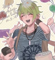 Rule 34 | 2others, 3boys, :d, amami rantaro, balloon, blush, cake, closed eyes, collarbone, commentary, danganronpa (series), danganronpa v3: killing harmony, dated, english commentary, food, green hair, hand in own hair, hands up, happy, happy birthday, jewelry, laaaicha, male focus, momota kaito, multiple boys, multiple others, necklace, oma kokichi, open mouth, polka dot, polka dot background, ring, shirt, short hair, short sleeves, smile, solo focus, striped clothes, striped shirt, upper body, v, wristband