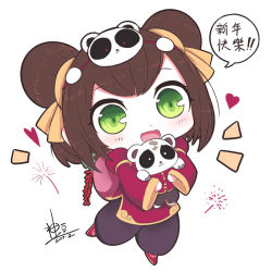 Rule 34 | 1girl, 2017, annie (league of legends), artist name, beancurd, brown hair, chibi, chinese clothes, chinese text, dated, double bun, firecrackers, green eyes, hair ornament, heart, league of legends, mask, mask on head, panda annie, panda hair ornament, pants, smile, tibbers