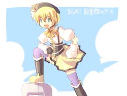 Rule 34 | 1girl, arc system works, beret, blazblue, blonde hair, citolo, cosplay, green eyes, hat, mahou shoujo madoka magica, mahou shoujo madoka magica (anime), noel vermillion, solo, thighhighs, tomoe mami, tomoe mami (cosplay)