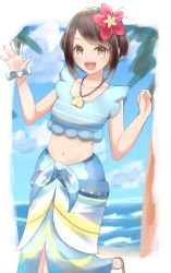 Rule 34 | 1girl, beach, bikini, blue bikini, brown hair, clenched hand, collarbone, creatures (company), feet out of frame, flower, game freak, gloria (pokemon), gloria (summer 2021) (pokemon), hair flower, hair ornament, hands up, hibiscus, highres, jewelry, navel, necklace, nintendo, official alternate costume, open hand, open mouth, palm tree, pokemon, pokemon masters ex, red flower, sarong, scrunchie, short hair, smile, swept bangs, swimsuit, tree, uji (966qrr), wrist scrunchie