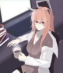 Rule 34 | 1girl, animal ears, at computer, bags under eyes, book, breasts, cat ears, chair, cleavage, coffee, coffee mug, cup, fake animal ears, girls&#039; frontline, hair between eyes, hand on table, highres, holding, holding cup, computer keyboard, lab coat, long hair, looking at viewer, medium breasts, messy hair, monitor, mug, persica (girls&#039; frontline), pink hair, red eyes, screen light, sitting, smile, solo, steam, upper body, user yewc7353