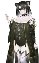 Rule 34 | 1girl, animal ear fluff, animal ears, arknights, bare shoulders, black choker, black dress, black hair, breasts, cat ears, choker, cleavage, commentary request, dress, feet out of frame, grey eyes, hand up, highres, large breasts, long sleeves, looking at viewer, mandragora (arknights), off-shoulder dress, off shoulder, ras (zzdn3588), short hair, simple background, solo, standing, thighhighs, thighs, v, white background, white thighhighs