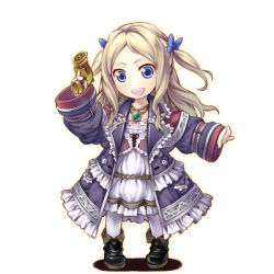 Rule 34 | 1girl, :d, atelier (series), atelier rorona, blonde hair, blue eyes, blush, boots, bow, chibi, coat, cuderia von feuerbach, dress, female focus, frills, full body, gun, hair bow, handgun, holding, holding gun, holding weapon, jewelry, long hair, long sleeves, nanaran, necklace, open clothes, open coat, open mouth, outstretched arm, pantyhose, pistol, simple background, smile, solo, standing, two side up, weapon, white background, white dress, white pantyhose