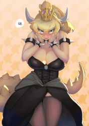 Rule 34 | 1girl, absurdres, armlet, black collar, black dress, blonde hair, blush, borrowed design, bowsette, bracelet, breasts, brooch, cleavage, collar, cowboy shot, crown, dress, earrings, embarrassed, hands on own cheeks, hands on own face, hands up, highres, horns, jewelry, koeru, large breasts, lips, long hair, mario (series), new super mario bros. u deluxe, nintendo, nose blush, open mouth, ponytail, solo, spiked armlet, spiked bracelet, spiked collar, spiked tail, spikes, squiggle, standing, strapless, strapless dress, super crown, tail, tearing up, thighhighs, tsurime, zettai ryouiki