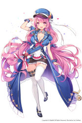Rule 34 | 1girl, :d, artist name, black footwear, black skirt, blush, breasts, cleavage, company name, detached collar, english text, full body, glint, hair ornament, hair scrunchie, hat, high heels, highres, long hair, looking at viewer, luka (soccer spirits), mary janes, open mouth, pink eyes, pink hair, ribbon, scrunchie, shoes, simple background, skirt, smile, soccer spirits, solo, thigh strap, thighhighs, twintails, very long hair, watermark, white background, white ribbon, white thighhighs, wrist cuffs, yeonwa