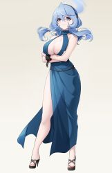 Rule 34 | 1girl, ako (blue archive), ako (dress) (blue archive), bare shoulders, blue archive, blue dress, blue eyes, blue hair, blush, bracelet, breasts, chain, cleavage, crossed arms, cuffs, dress, full body, hair between eyes, hairband, halo, high heels, highres, jewelry, koflif, large breasts, looking at viewer, medium hair, shackles, side slit, smile, solo