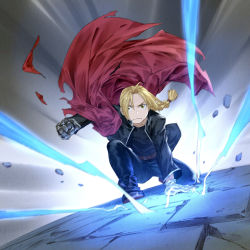 Rule 34 | 1boy, artificial limb, blonde hair, boots, braid, braided ponytail, cape, edward elric, fullmetal alchemist, gloves, highres, looking at viewer, shirt, solo, trousers, yellow eyes, yijian ma